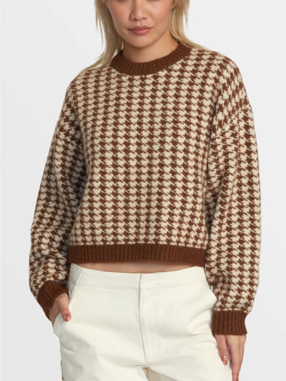 RVCA Prep Brown and Cream Houndstooth Crewneck Sweater